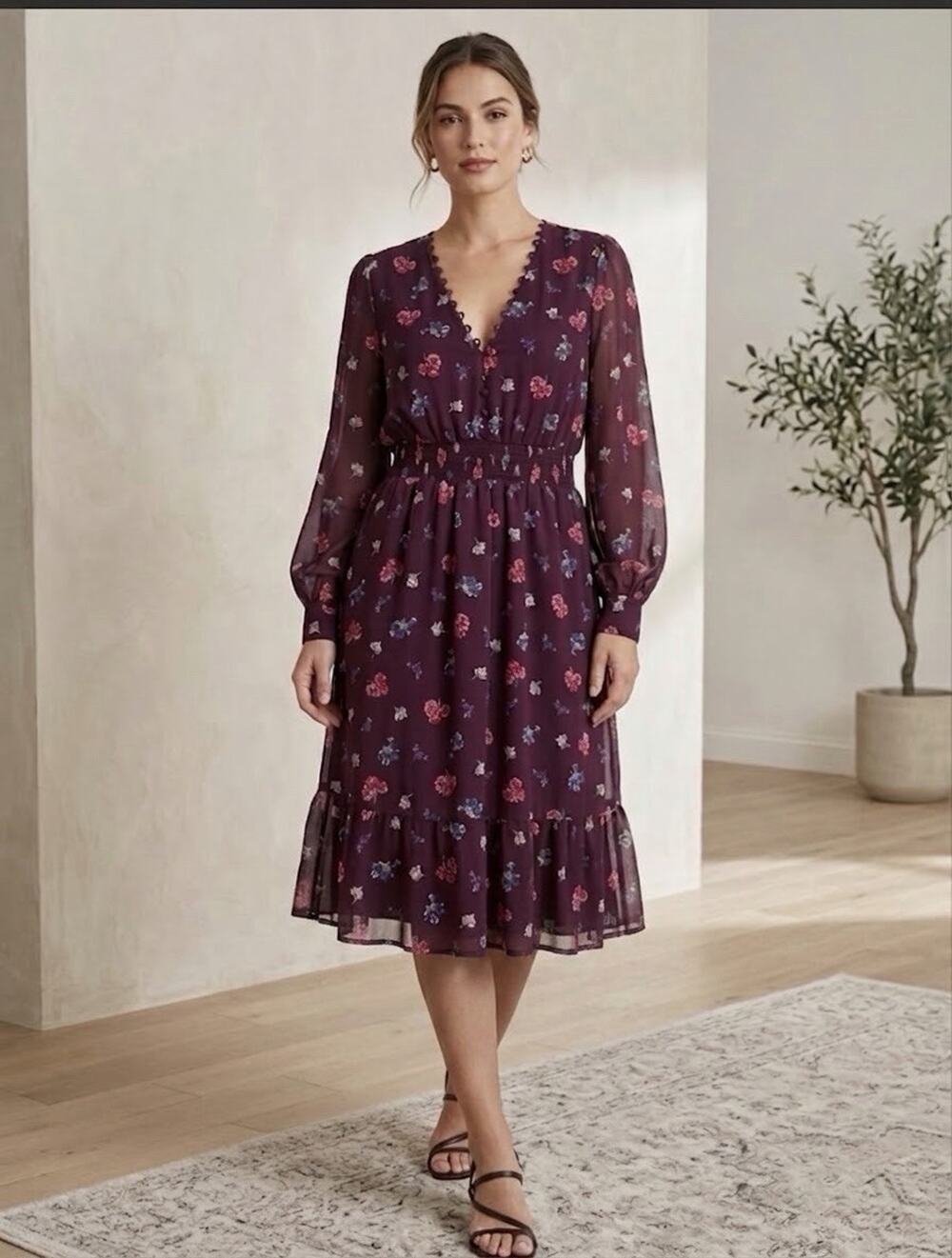 Express Womens Size M Burgundy Floral Smocked Waist Long Sleeve Midi Dress Boho